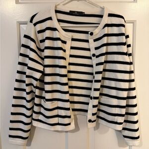 Lafayette 148 Black & White Striped Button Cardigan Sweater